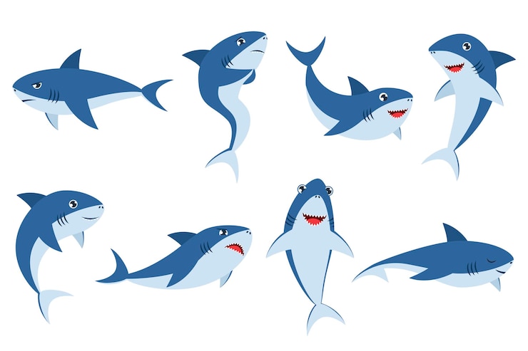 Gratis Vector leuke haaien in verschillende poses cartoon afbeelding set. baby onderwater dier lachen, slapen, zwemmen, glimlachen, verdrietig, bang en boos op witte achtergrond. zeedieren, visconcept