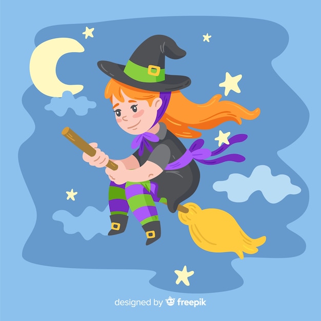 Gratis vector leuke halloween-heks met een bezem