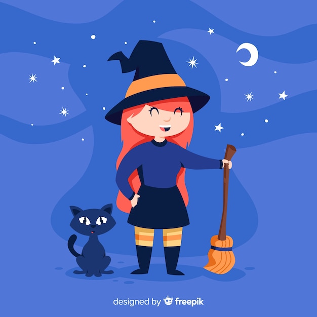 Leuke Halloween-heks met een zwarte kat