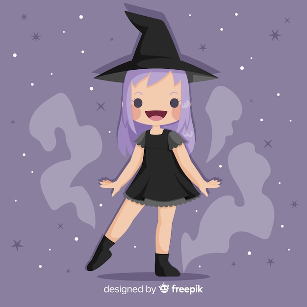 Gratis vector leuke halloween-heks met violet haar