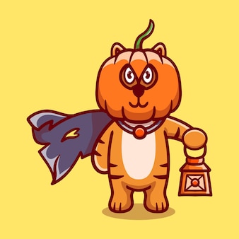 Leuke halloween pompoen hoofd tijger illustratie met een lantaarn