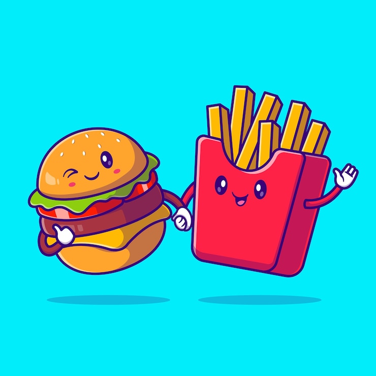 Gratis Vector leuke hamburger en frietjes vriend cartoon vector icon illustratie. voedsel object pictogram geïsoleerd
