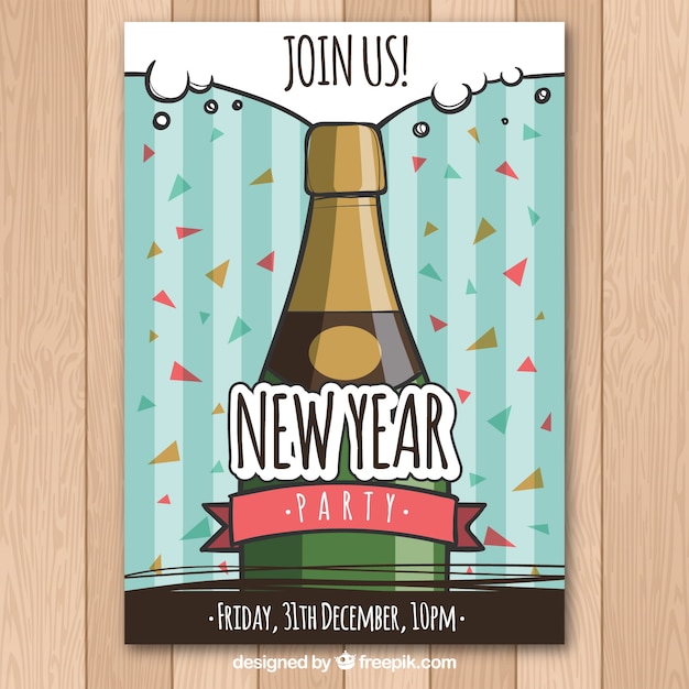 Gratis vector leuke hand getrokken nieuwe jaaraffiche met champagne