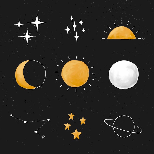 Gratis vector leuke handgetekende galaxy set vector