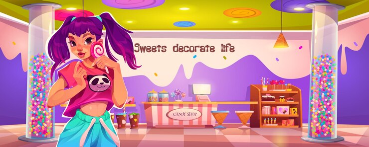 Gratis Vector leuke jonge vrouw met lolly in de snoepwinkel.
