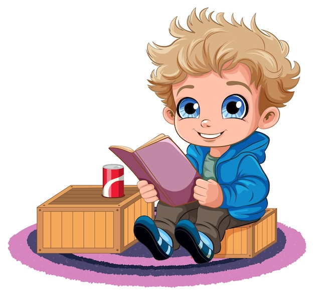 Gratis vector leuke jongen die een boek leest cartoon personage