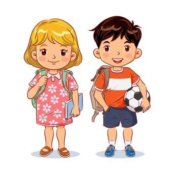 Leuke jongen en meisje met rugzak met boek en voetbal klaar om naar school te gaan