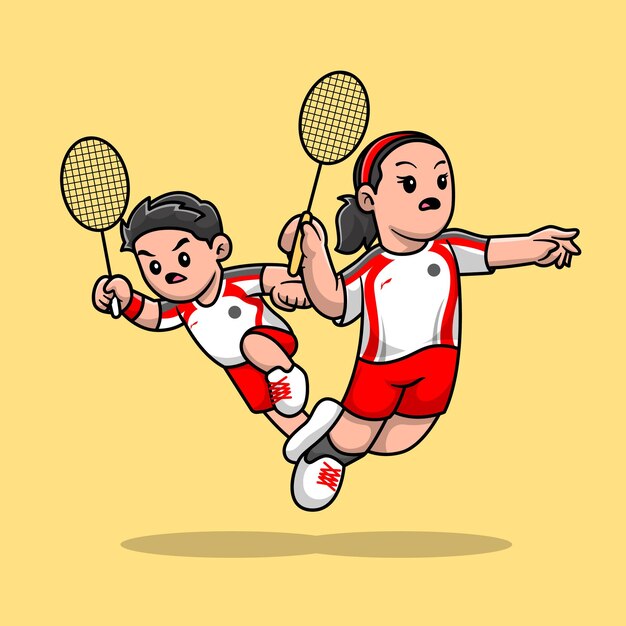 Leuke jongen en meisje spelen Badminton Cartoon vectorillustratie pictogram. Sport mensen pictogram Concept geïsoleerd Premium Vector. Platte cartoonstijl