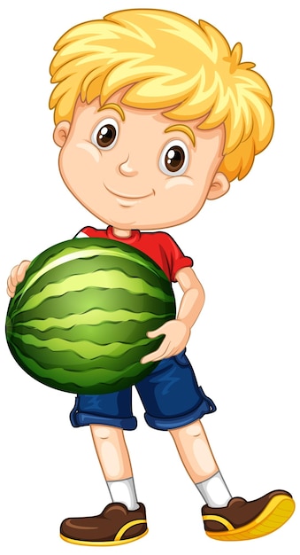 Leuke jongen met blond haar die een watermeloen in staande positie houdt