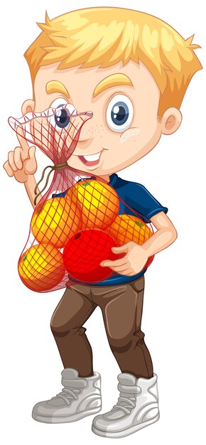 Gratis vector leuke jongen met blond haar met fruit in staande positie