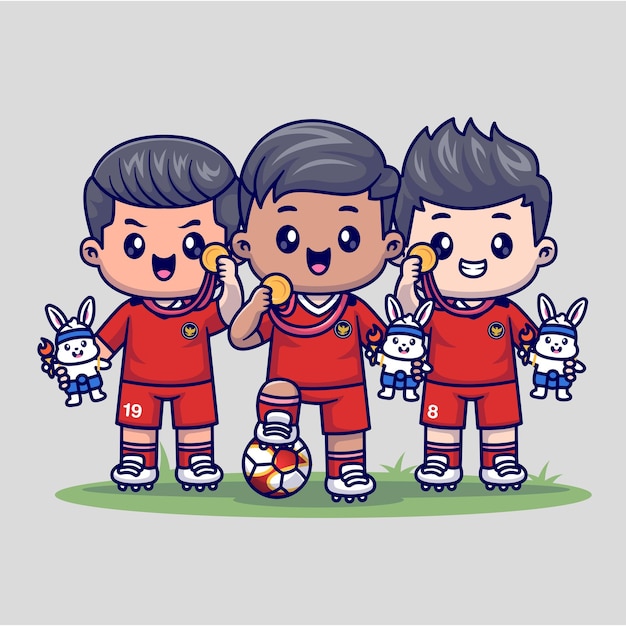 Gratis vector leuke jongen team voetbal winnen gouden medaille met indonesië vlag cartoon vector pictogram illustratie sport