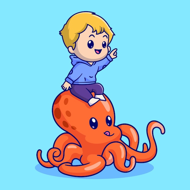 Leuke jongen zittend op octopus cartoon vector pictogram illustratie. mensen dierlijk pictogram concept geïsoleerd