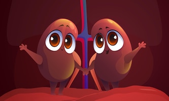 Leuke karakters van nieren menselijke inwendige organen voor dialyse en filterfunctie vector cartoon medische illustratie van niersysteem nefrologie deel van lichaamsanatomie