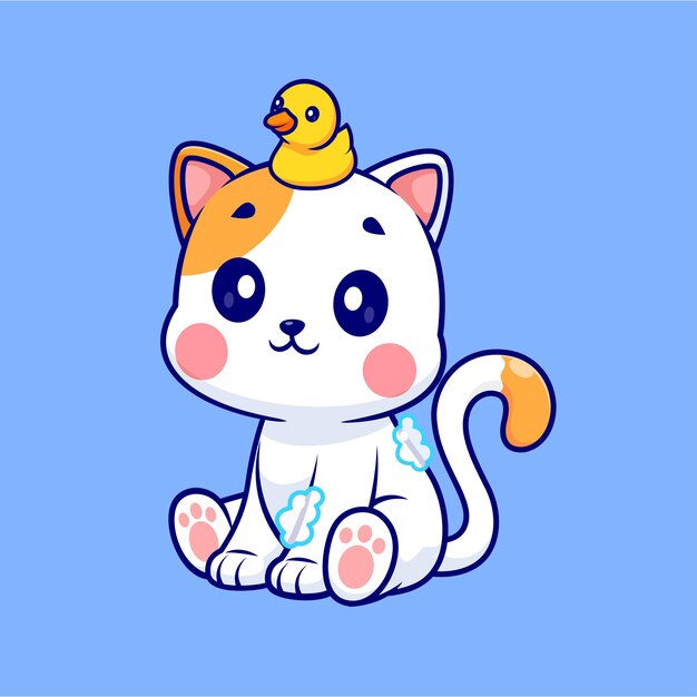 Leuke kat die badt met eend speelgoed cartoon vector icoon illustratie dier gezond geïsoleerde platte vector