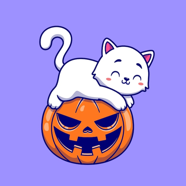 Gratis vector leuke kat die op pompoen halloween-illustratie legt