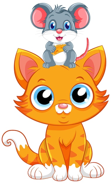 Gratis vector leuke kat met muis in cartoon-stijl