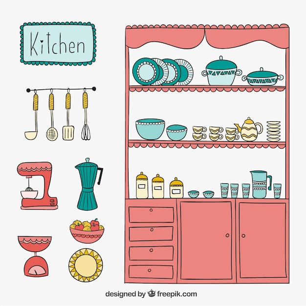 Gratis vector leuke keuken in de hand getrokken stijl