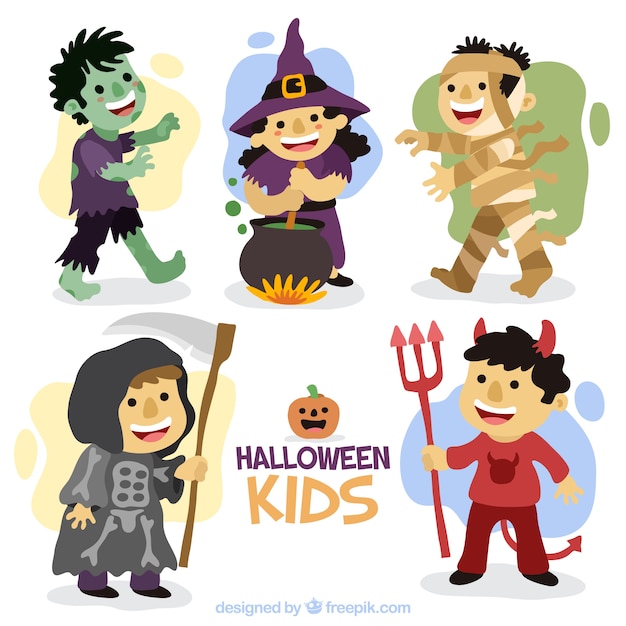 Leuke kinderen die met de hand getekende halloween kostuums