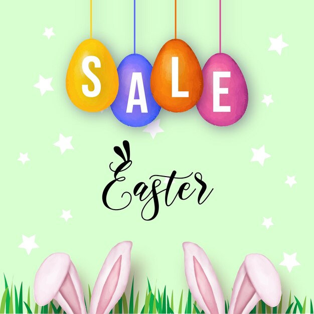 Leuke kleurrijke Happy Easter Sale Poster Banner lichtgroen oranje achtergrond met eieren Gratis Vector