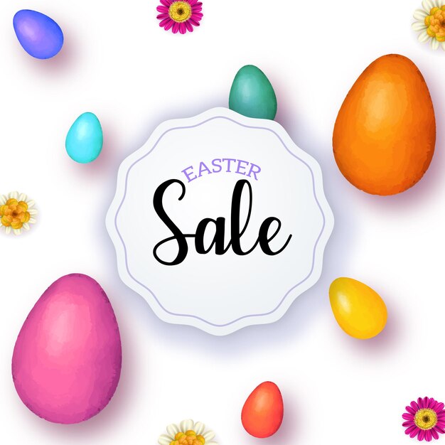 Leuke Kleurrijke Happy Easter Sale Poster Banner Paars Oranje Witte Achtergrond Met Eieren Gratis Vector