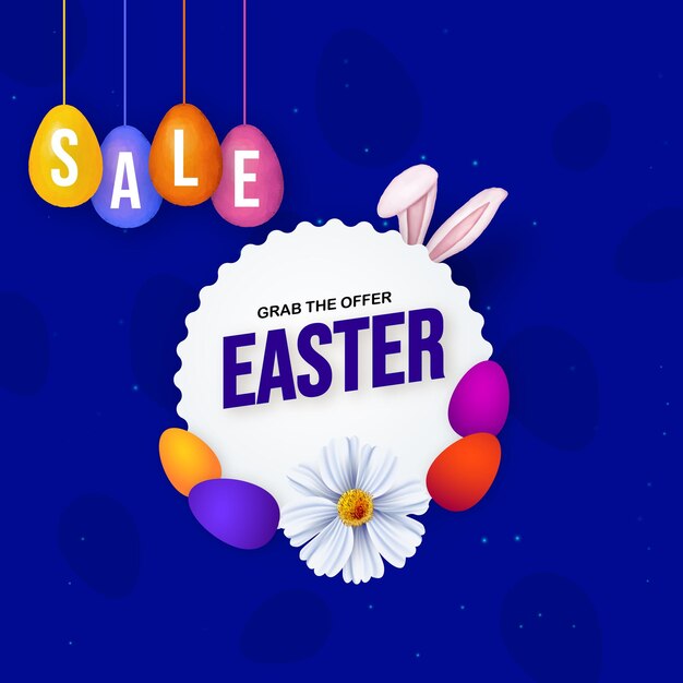 Leuke Kleurrijke Happy Easter Sale Poster Banner Royal Blue Achtergrond met Eieren Gratis Vector