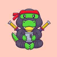 Gratis vector leuke krokodil ninja holding telefoon cartoon vector icon illustratie. dierlijke technologie geïsoleerd plat