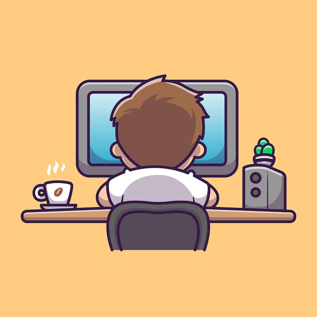 Leuke Man aan het werk op Computer met koffie Cartoon vectorillustratie pictogram. Mensen technologie pictogram Concept geïsoleerd Premium Vector. Platte cartoonstijl