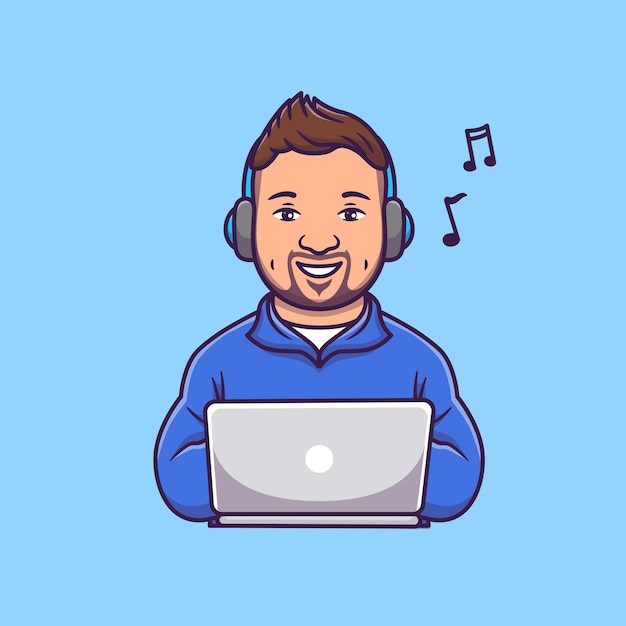 Leuke man aan het werk op laptop en luisteren muziek met hoofdtelefoon cartoon vector icon illustratie plat