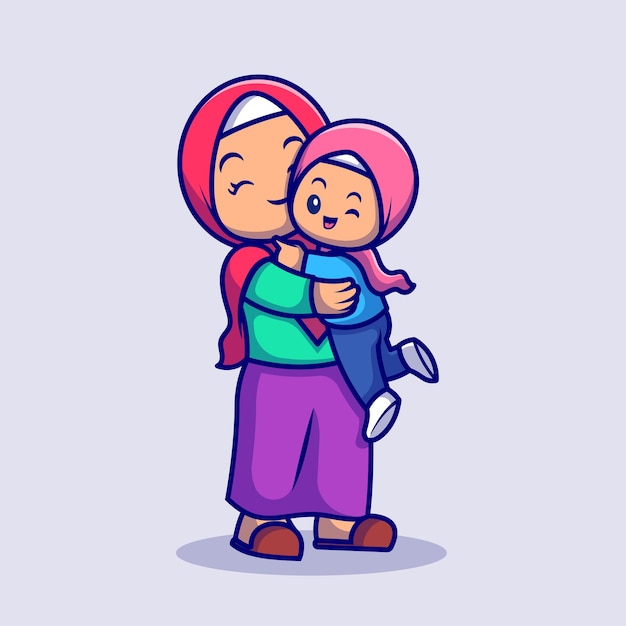 Leuke moeder en dochter moslim vieren Eid Mubarak Cartoon vectorillustratie pictogram. Mensen religie pictogram Concept geïsoleerd Premium Vector. Platte cartoonstijl