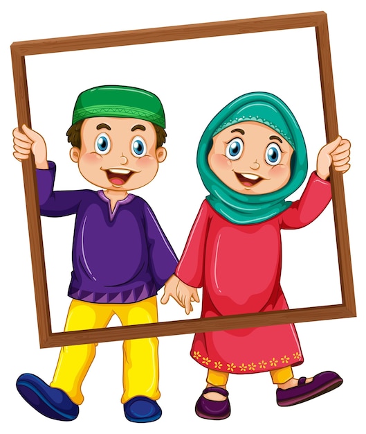 Gratis vector leuke moslimjongen en meisjesfoto op houten frame