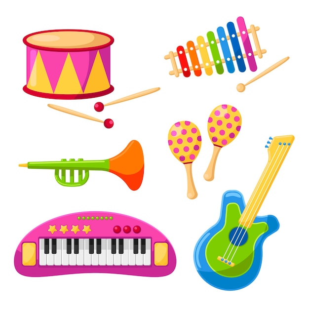 Gratis vector leuke muziekinstrumenten voor kinderen vector illustraties set