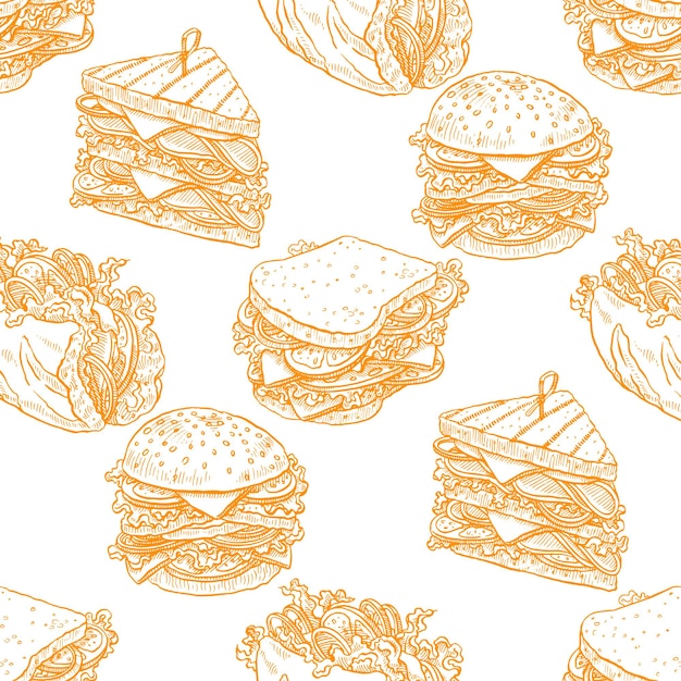 Leuke naadloze achtergrond van smakelijke verschillende sandwiches. handgetekende illustratie Premium Vector