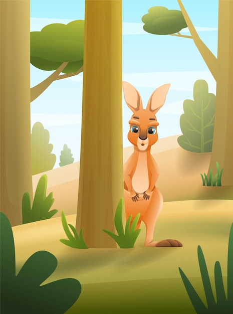 Gratis vector leuke nieuwsgierige kangoeroe die van achter boom in bosbeeldverhaal vectorillustratie kijkt