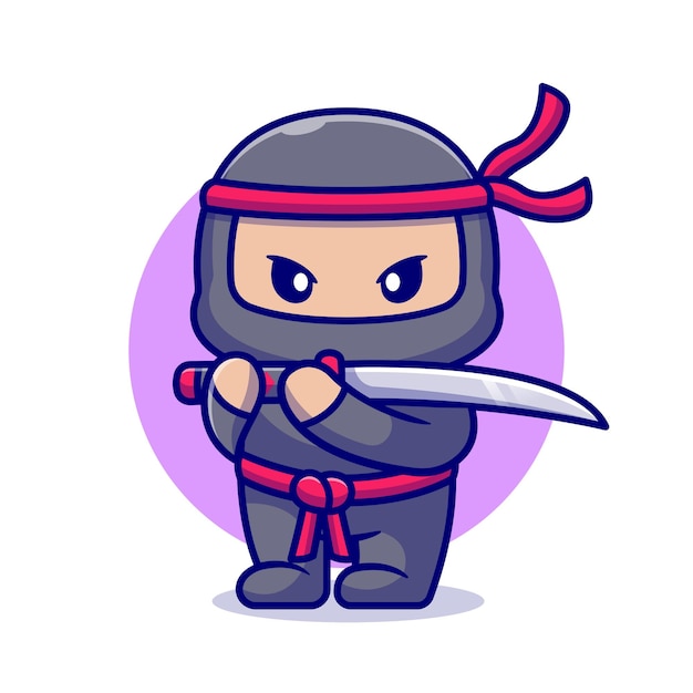 Gratis vector leuke ninja met zwaard cartoon. flat cartoon stijl