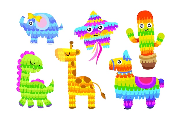 Gratis vector leuke pinata cartoon tekens vector illustraties set. mexicaans speelgoed van dieren- en cactusvormen voor verjaardagen, feesten of carnaval geïsoleerd op een witte achtergrond. viering, vakantieconcept