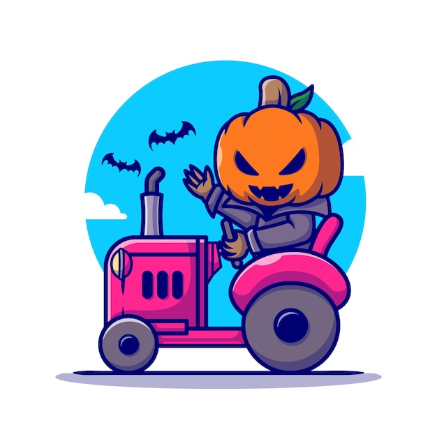 Leuke pompoen vampier rijden tractor cartoon pictogram illustratie. halloween vakantie pictogram concept geïsoleerd. platte cartoon stijl