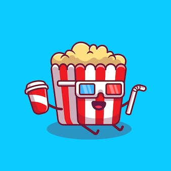 Leuke popcorn met frisdrank en stro met 3d-filmglazen cartoon pictogram illustratie. movie food cartoon icon concept geïsoleerd. platte cartoon stijl