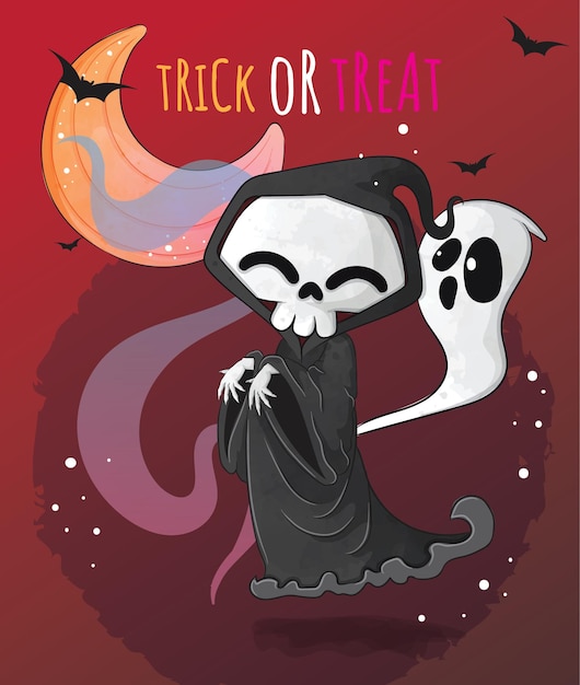 Gratis vector leuke reaper happy halloween-illustratie - leuk halloween-teken voor aquarelkinderen