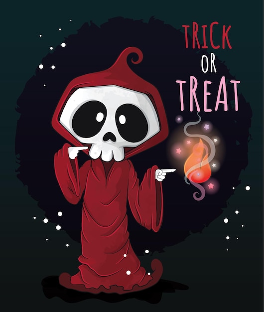 Gratis vector leuke reaper happy halloween-illustratie - leuk halloween-teken voor aquarelkinderen