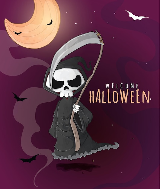 Gratis vector leuke reaper happy halloween-illustratie - leuk halloween-teken voor aquarelkinderen