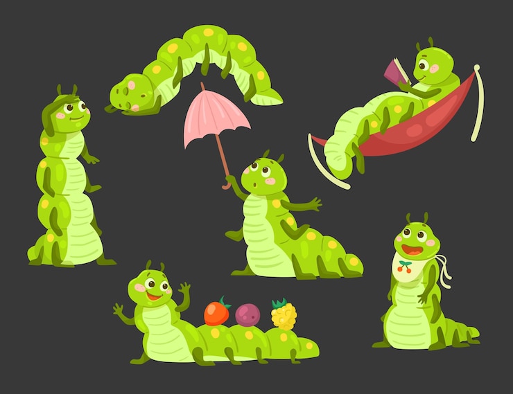 Gratis Vector leuke rups in verschillende poses cartoon afbeelding set. grappige kleine groene worm met mooi gezicht slapen, boek lezen, bessen verzamelen, staande onder paraplu. insect, natuurconcept