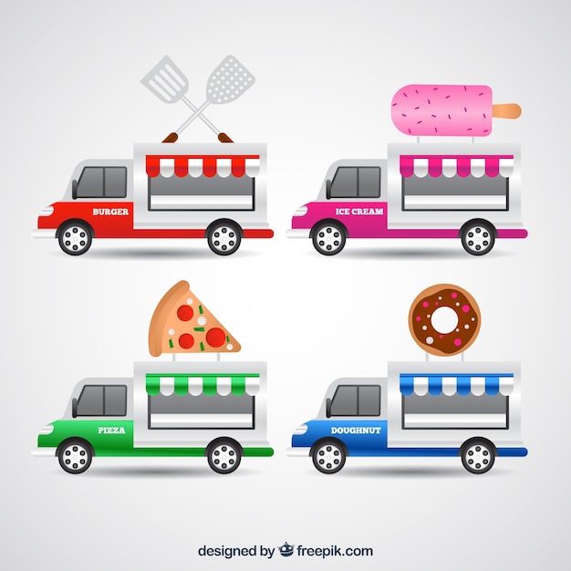 Gratis vector leuke set van kleurrijke voedselwagens