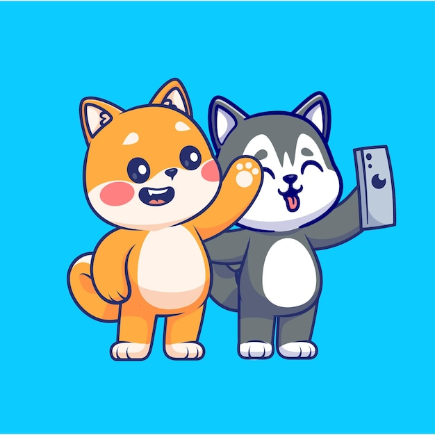 Leuke shiba inu hond en husky hond selfie met telefoon cartoon vector icon illustratie animal techno