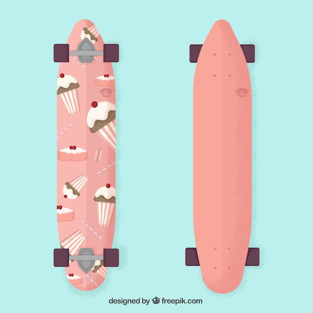 Gratis vector leuke skateboard met cupcakes ontwerp