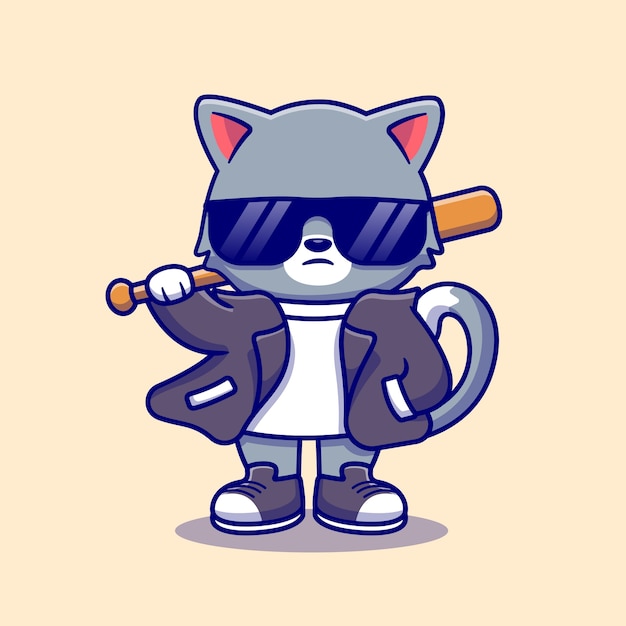 Leuke slechte kat dragen pak en zonnebril met honkbalknuppel Cartoon pictogram illustratie. Animal Fashion Icon Concept geïsoleerd. Flat Cartoon stijl