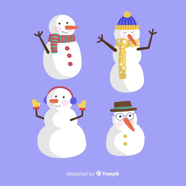 Leuke sneeuwpop kerst collectie in platte ontwerp