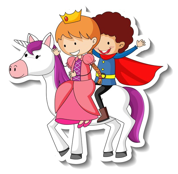 Leuke stickers met een kleine prinses en prins die op een stripfiguur van een eenhoorn rijden