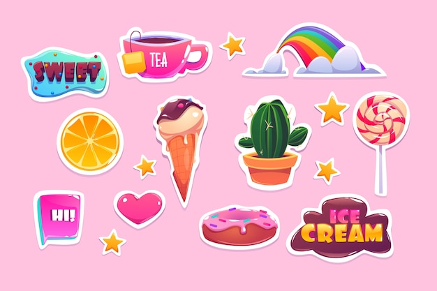 Leuke stickers met regenboog, hart, snoep en sterren. cartoon iconen van donut, ijs, sinaasappel en citaten. patches met leuke symbolen, cactus, thee en lolly geïsoleerd op roze achtergrond