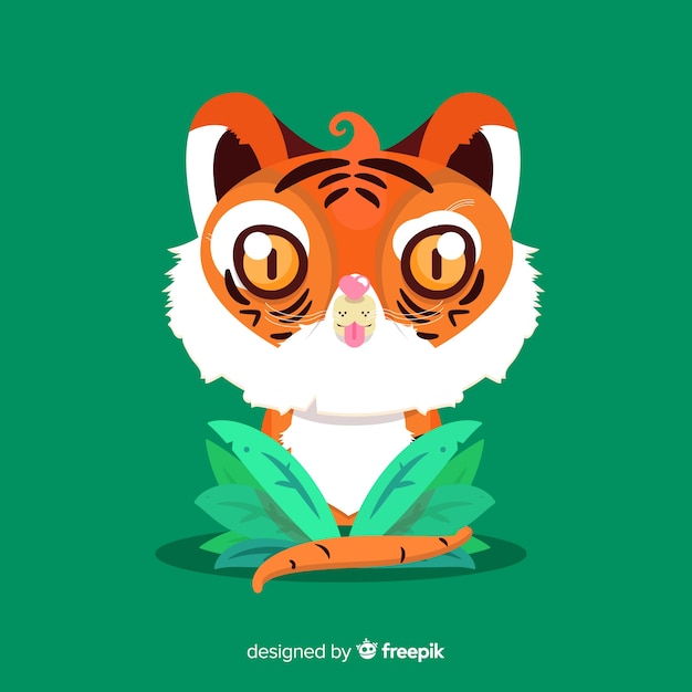 Gratis vector leuke tijger met bladerenachtergrond