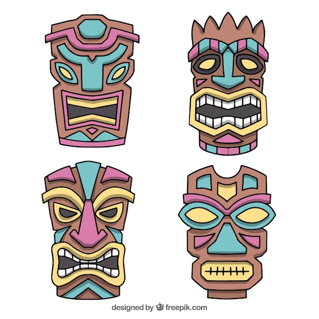 Leuke verzameling van kleurrijke tribale tiki maskers